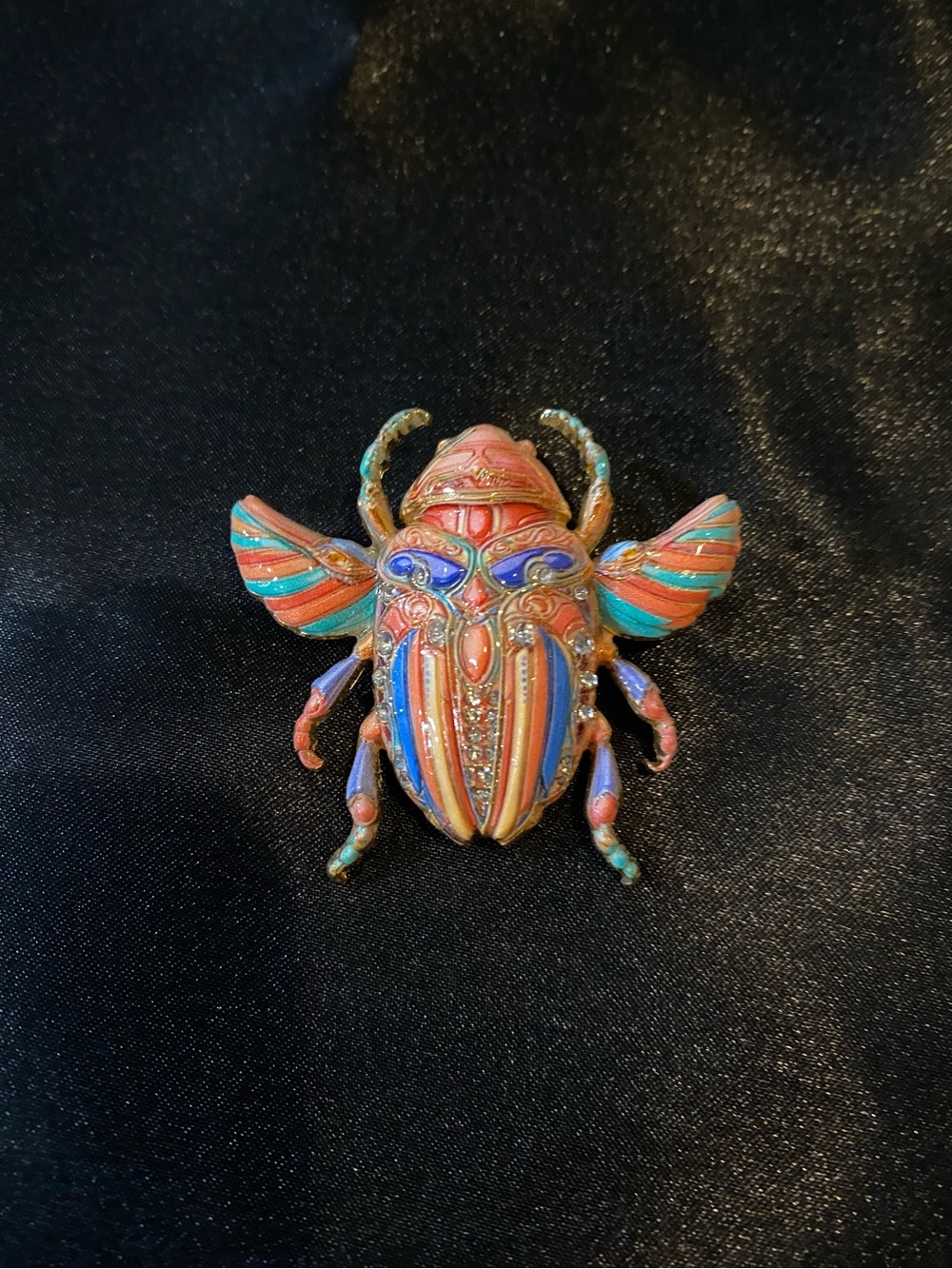 Multicolor Enamel Scarab Brooch — Vibrant Coral, Teal & Blue